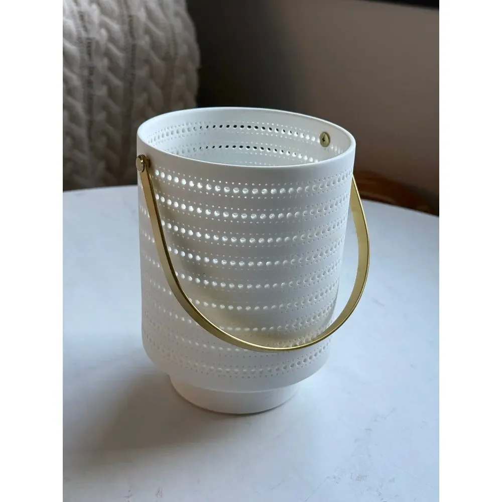 West Elm White Porcelain Pierced Hurricane Candle Holder Lantern Gold Handle